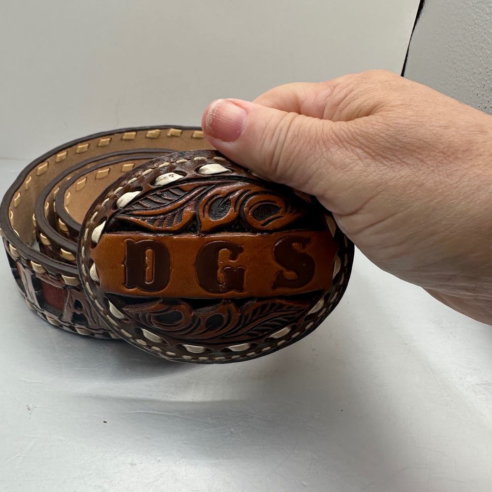 Vintage 1983 Gayle Summarell Hand Tooled Leather Belt Buckle Diana DGS Brown 34 - Picture 1 of 10